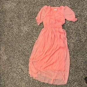 Staccato Coral Midi Dress with Puff Sleeves